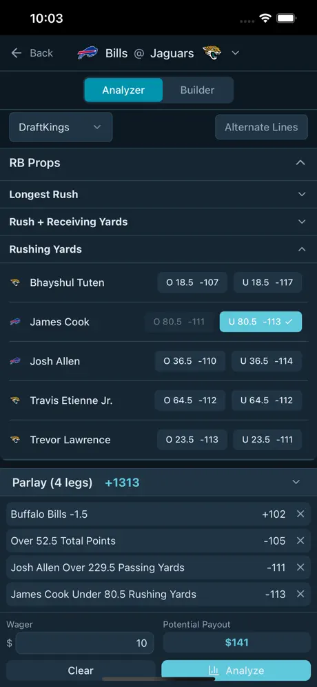 Bettorly Analyzer mode showing bet props and parlay builder