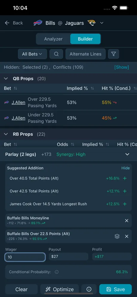 Bettorly Builder mode showing correlation data and optimization tools