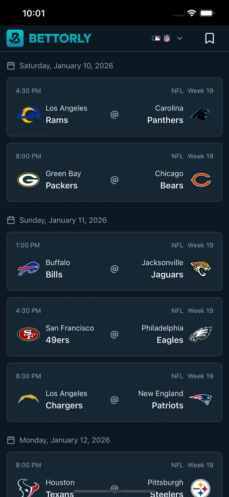 Bettorly game list showing upcoming NFL matchups